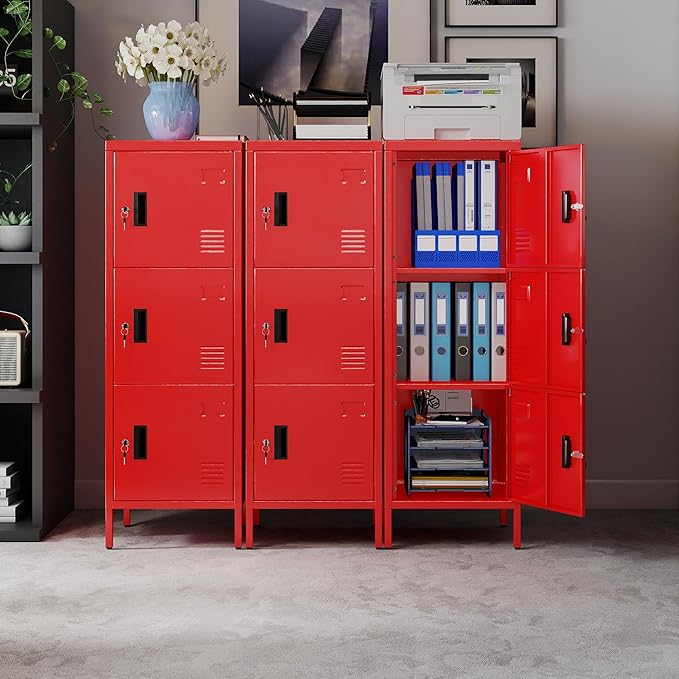 METAN Metal Storage Employees Locker with 3 Lockable Doors,47''H*16''W*16''D Locking Storage Cabinets for Small Spaces,Home,School,Gym,Assembly Required,Red