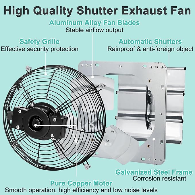 10 Inch Shutter Exhaust Fan with Speed Controller and Power Cord, Wall Mount Attic Fan for Greenhouses, Sheds, Garages, Chicken Coops, Barns Ventilation, 820 CFM