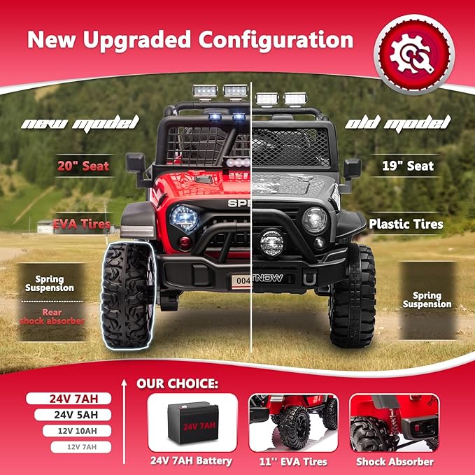 Sopbost 24V 7Ah 2 Seater Ride On Truck Ride On Toy for Big Kids Ride On Car with Remote Control Off-Road Electric Car with Shock Absorber, LED Lights, Bluetooth Music Player, EVA Tires, Red
