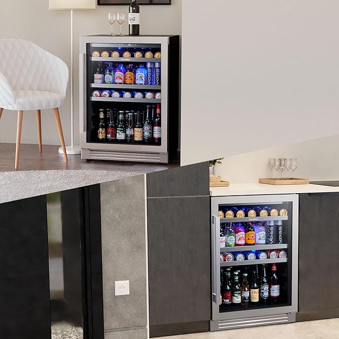 Ca'Lefort 24 Inch Beverage Refrigerator, 180 Can 34°F -54°F Beverage Fridges, Drink Fridge with Glass Door 3 LED Beverage Coolers Built in or Freestanding, Perfect for Home/Kitchen(Right-Hinged)