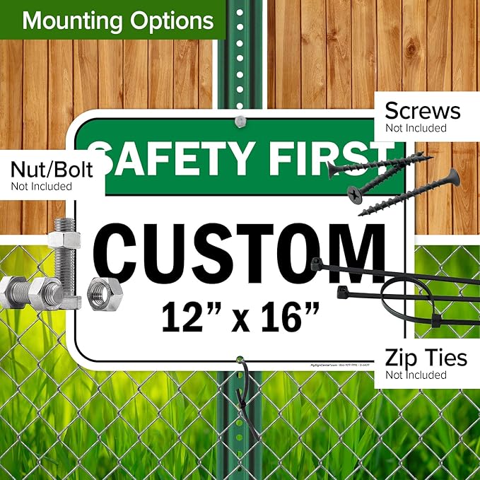 Custom Safety First Sign, Ansi Sign, Osha Compliant, 12x16 Inches, Post Holes, Rust Free .040 Aluminum, Fade Resistant, Indoor/Outdoor Use, Made in USA by My Sign Center