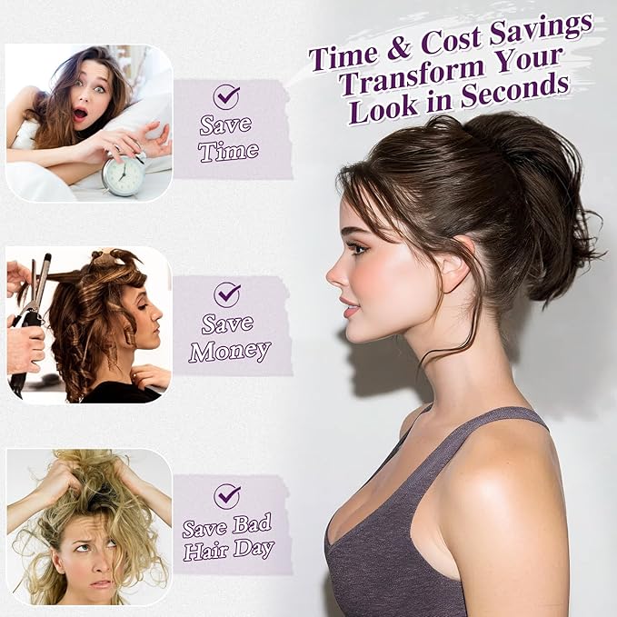 BARSDAR Claw Clip Short Human Hair Ponytail Extension with Bendable Metals - DIY Styles 8 Inch Real Human Hair Dark Brown Mix Messy Bun Hairpieces for Women - Thick Natural Short Ponytail Daily