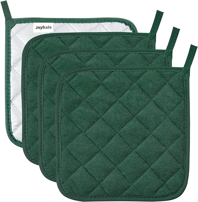 Joyhalo 4 Pack Pot Holders for Kitchen,Cotton Oven Holder with Great Heat Resistance,Non Slip Hot Pads for Kitchen Clearance,Dark Green