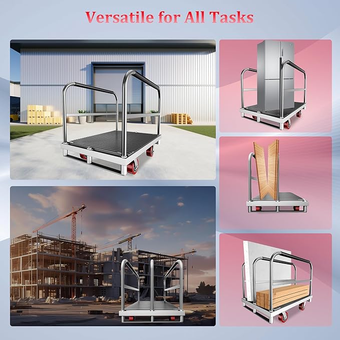 2IN1 Heavy Duty Panel Truck, 36" x 24" Platform Cart w/Rubber Mat & 3 Handrails, 2600 lbs Capacity Drywall & Lumber Cart, Flatbed Cart w/2 Swivel Casters, All-Steel Hand Truck Push Cart
