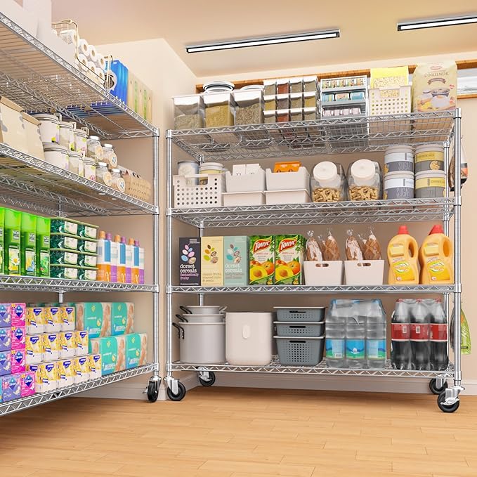 PrimeZone 4 Tier 55.5" Wx24 Dx76 H Wire Shelving with Wheels 2400lbs NSF Certified Storage Shelves Heavy Duty Metal Shelf Adjustable Rolling Rack Commercial Garage Restaurant Warehouse Kitchen Chrome