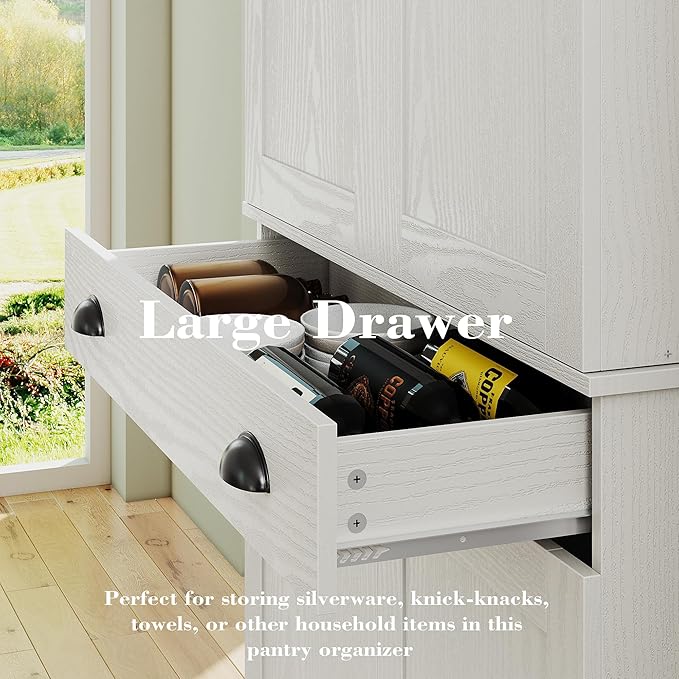 IRONCK Kitchen Pantry Cabinet 72" Height, Freestanding Cupboard with Drawer, Sliding Storage Rack, and 6 Hanging Shelves for Dining Room, Laundry, White
