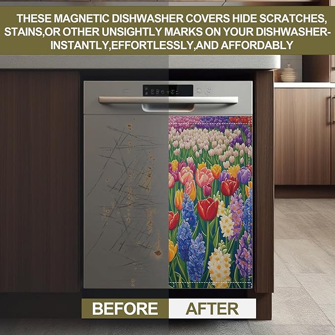 Colorful Tulips Magnetic Dishwasher Cover,Dishwasher Covers for The Front Magnetic Dishwasher Panel Decal Cover for Kitchen 23x26inch