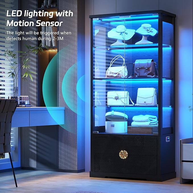 RGB Glass Display Cabinet with Door, 4-Tier Curio Cabinet with 2 Drawers and Adjustable Glass Height Showcase, Display Case with 3 LED Light and Human Body Sensor, Black