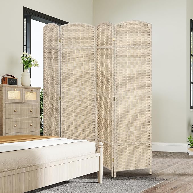 HOMCOM 4 Panel Room Divider, 6' Tall Folding Privacy Screen, Woven Freestanding Wall Partition for Home Office, Bedroom, Washed Oak