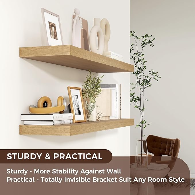 Floating Shelves for Wall 36"W x 7.8"D x 1.5"H, Engineered Wood Wall Shelves with Invisible Brackets for Living Room Bedroom Bathroom Office Kitchen Decor and Storage, Oak Finish, Set of 2