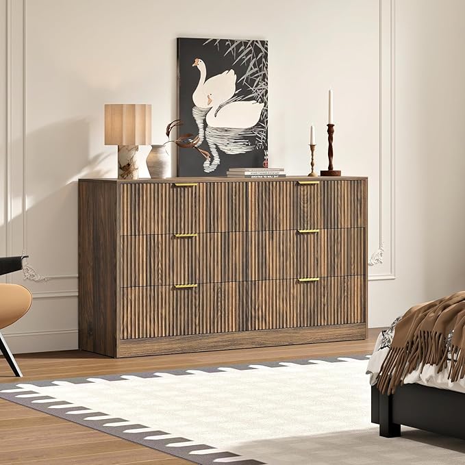 6 Drawers Fluted Dresser for Bedroom, 55" Wide Wooden Dresser with Deep Drawers, Large Floor Chest of Drawers, Modern Long TV Stand, Storage Cabinet Side Table, Walnut