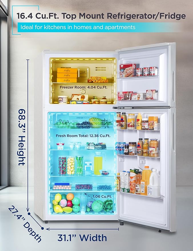 BLACK+DECKER 16.4 Cu. Ft. Top Mount Refrigerator with Freezer, 2 Door Refrigerator with Top Freezer and Separate Temperature Controls, Auto Defrost, BR1640KW, White