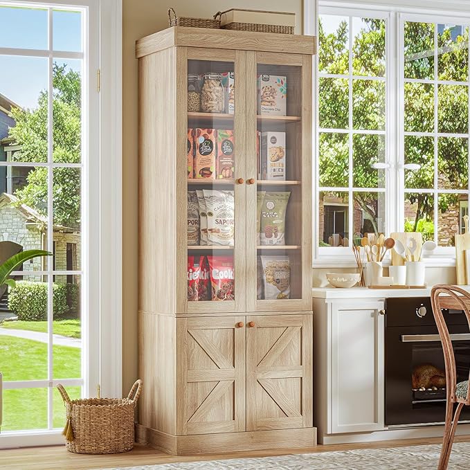 Vyre 71" Tall Farmhouse Kitchen Pantry, Set of 3 Large Storage Cabinets with Glass Doors & Adjustable Shelves, Versatile Wood Hutch for Living Room & Dining Room, Brown