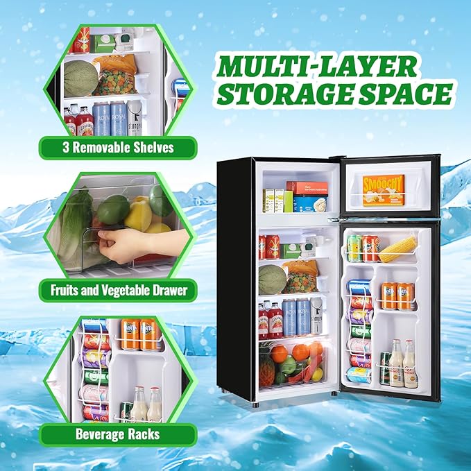 DEMULELR 4.5Cu.ft Small Mini Refrigerator with Freezer Black Two Door Mini Fridge with Crisper Drawer & Extra Drink Space, LED Light, Apartment Size Fridge for Dorm Office 17.5" W x 18.5" D x 43" H
