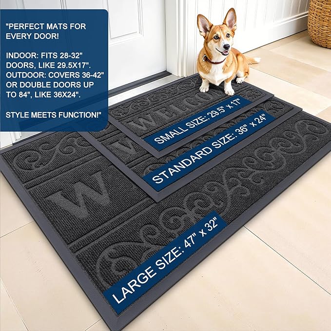 OLANLY Welcome Door Mat Indoor Outdoor Entrance, Heavy Duty Sturdy Front Door Mat, Waterproof All-Weather Doormat, Stain Resistant, Low Profile, Easy Clean Patio Entryway Mat, 29.5 x 17, Black