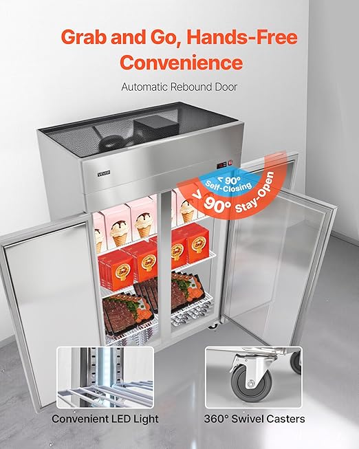 VEVOR Commercial Reach-In Freezer 48" W, 33 Cu.Ft Stainless Steel Upright Freezer with Double Glass Doors, Auto-Defrost, 6 Adjustable Shelves, -11 to 14℉ Temp Control, UL Certified