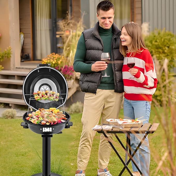 ROVSUN 1600W Vertical Electric Grill with Lid, Black 304 Stainless Steel Grill w/Detachable Pull-out Drip Tray, Double Layer Design, Portable & Removable, for Indoor and Outdoor Use