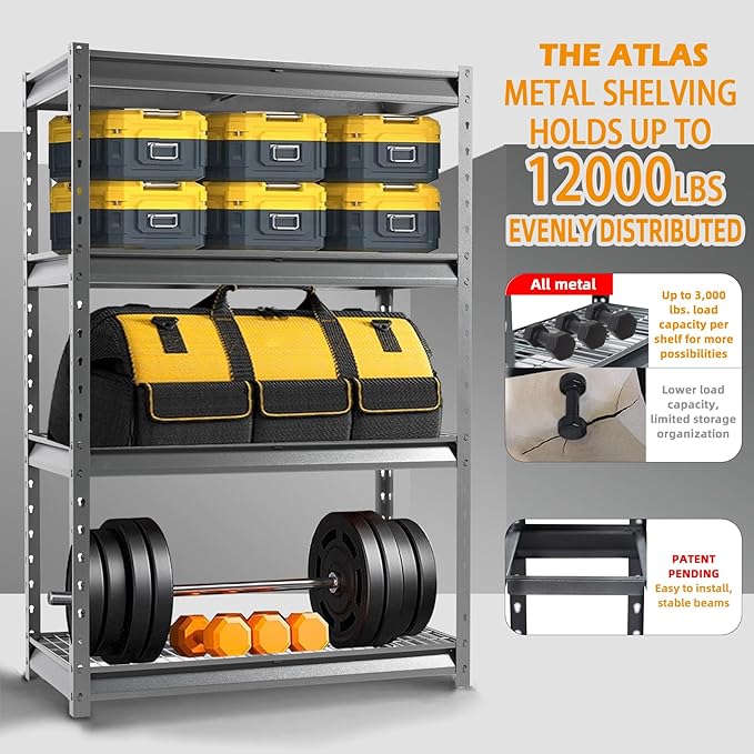 The Atlas 48" W Heavy Duty Garage Shelving Unit Load 12000 Lbs, 4-Tier Metal Shelves for Storage, Adjustable All Steel Industrial Shelf, 48" W x 24" D x 72" H, Grey