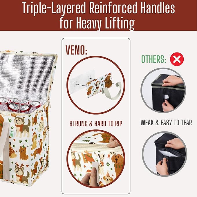 VENO 2 Pack Christmas Cooler Bag Insulated Reusable Grocery Shopping Bag, Food Delivery, Heavy Duty, Large Size, Durable Handles, Double Zippers, Lid, Collapsible (Holiday Pups, 2 Pack)