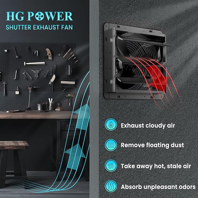 HG Power 10 Inch Shutter Exhaust Fan, 647CFM Quiet Garage Exhaust Fan with 8 Foot Long ON/OFF Switch Cable for Chicken Coop, Shed, Basement, Gable, Kitchen, Attic Ventilation Use, Black
