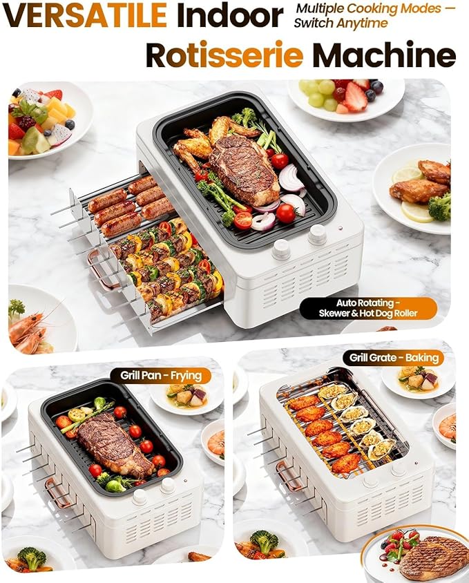 4-in-1 Electric Indoor Grill Smokeless for Home,Countertop Electric Grill with Removable Sizzling Grill Pan & Grate + Auto Rotating Kabob Skewers + Electric Hot Dog Roller Dual Zone Cook with Lid