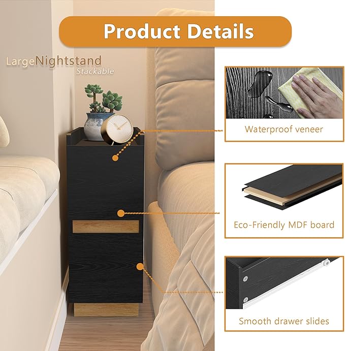 Narrow Night Stands, Modern Slim Nightstand Set of 2, Wooden Skinny Bedside Table 2 Drawers, Stackable Narrow Side Table with Drawers for Small Spaces, Bedroom, Living Room, Black