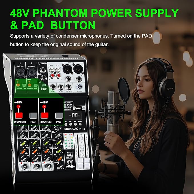 Audio Mixer 4 Channel Professional Sound Mixer Console with 99 DSP Effects, Small Mixing Board DJ Mixer w/USB, Bluetooth, 48V Power Supply, PAD Button for Recording Karaoke PA Drum Live Music