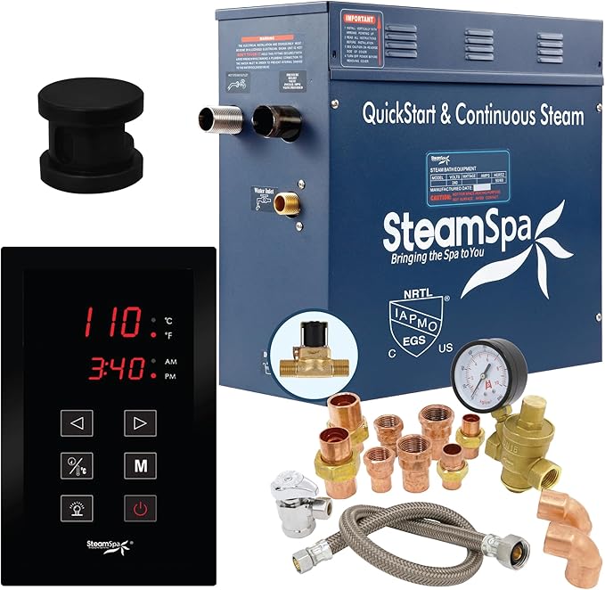 SteamSpa Premium 4.5 KW QuickStart Acu-Steam Bath Generator Package with Built-in Auto Drain in Matte Black Finish|Touch Panel Control System|PRT450MB-A