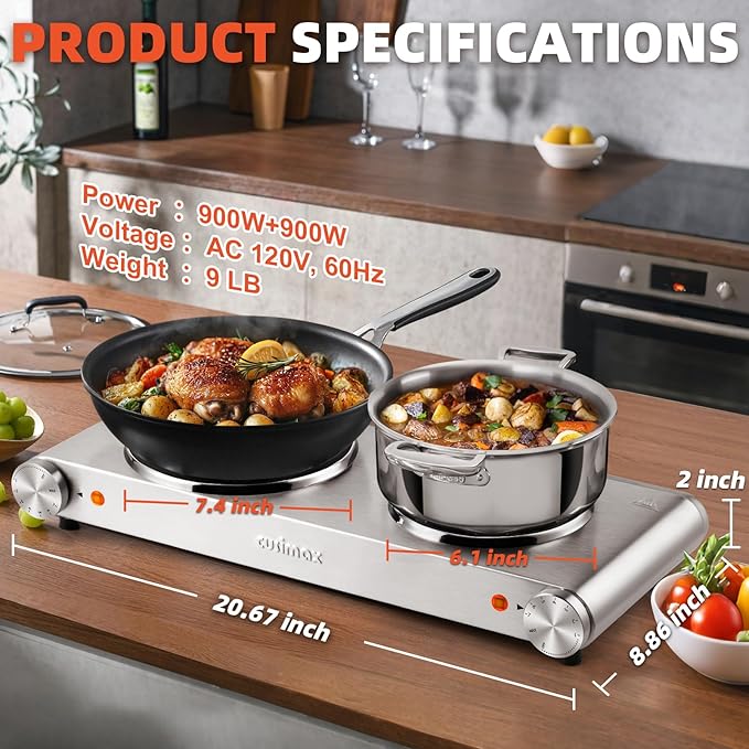 CUSIMAX Electric Hot Plate, 1800W Double Burner, Cast Iron Countertop Cooktop, Hot Plates for Cooking, Portable Countertop Stove, Compatible with all Cookwares, Upgraded Version