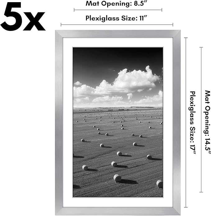 Americanflat 11x17 Picture Frame with Polished Plexiglass - Set of 5 - Use as 9x15 Frame with Mat or Display 11x17 Photo Without Mat - Galleria Collection - Picture Frames for Wall Display - Silver