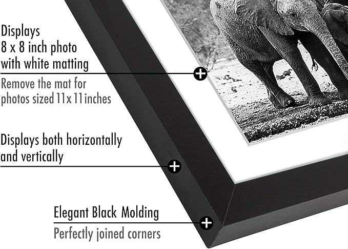 Americanflat 11x11 Picture Frame with Shatter-Resistant Glass - Use as 8x8 Frame with Mat or Display 11x11 Photo Without Mat - Signature Collection - Square Frames for Wall Display - Black