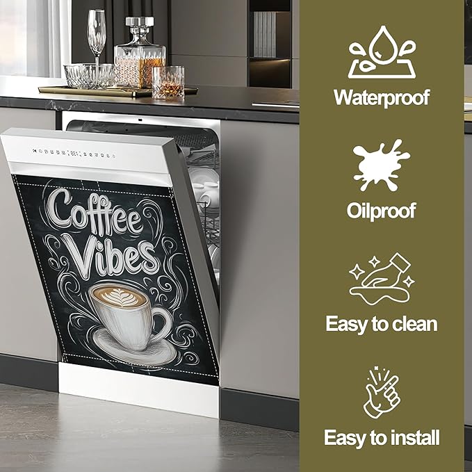 Coffee Cup Words Dishwasher Magnets Decorative Cover,Coffee Vibes Magnet Fridge Panel Decal for Home Kitchen Decor,23x26 in