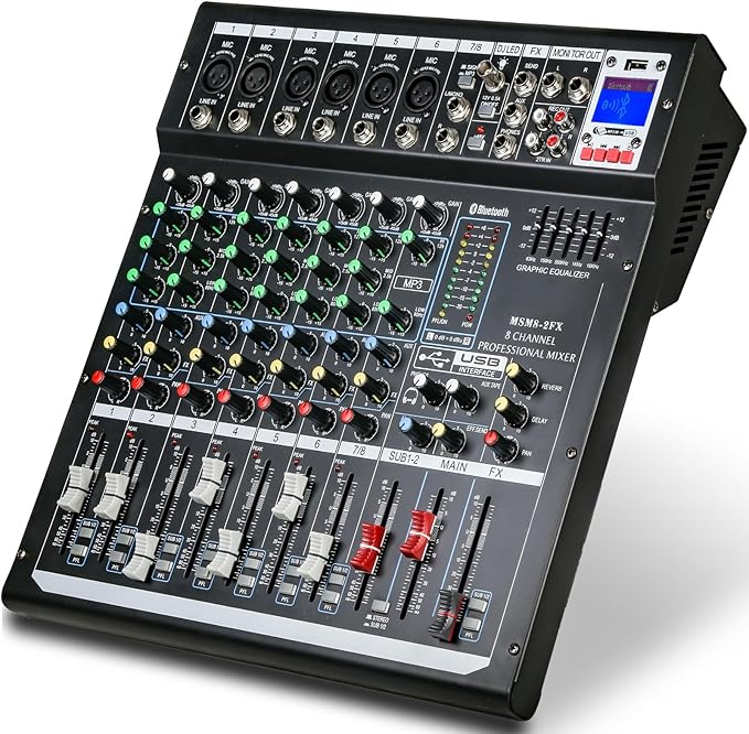 Dj Mixers 8 Channel Audio Mixer Sound Board with Bluetooth, Usb Audio Interface with 48V Phantom Power Sounds Mixer Board with FX Reverb Delay Effect for Streaming