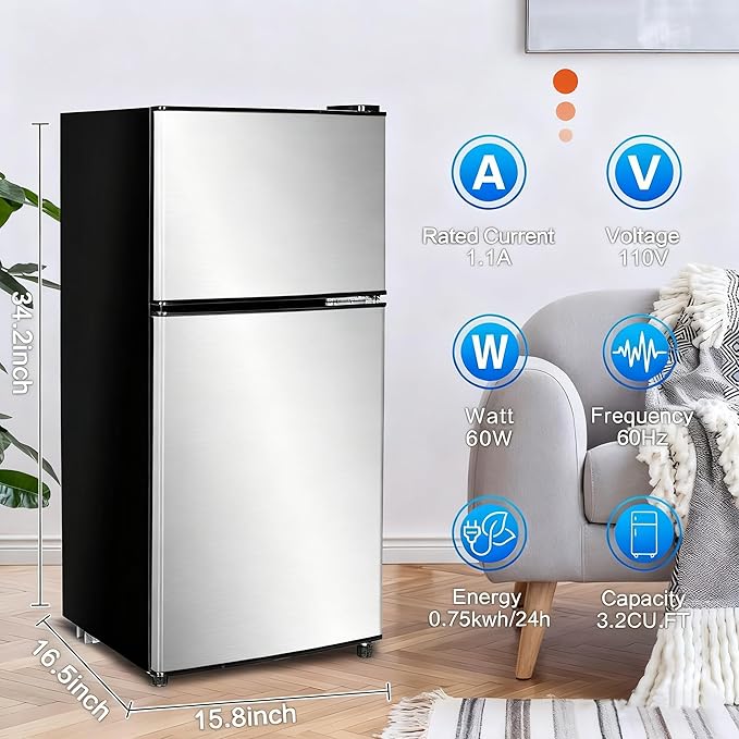 Anukis Compact Refrigerator 3.2 Cu Ft 2 Door Mini Fridge with Freezer for Apartment, Dorm, Office, Family, Basement, Garage - Silver