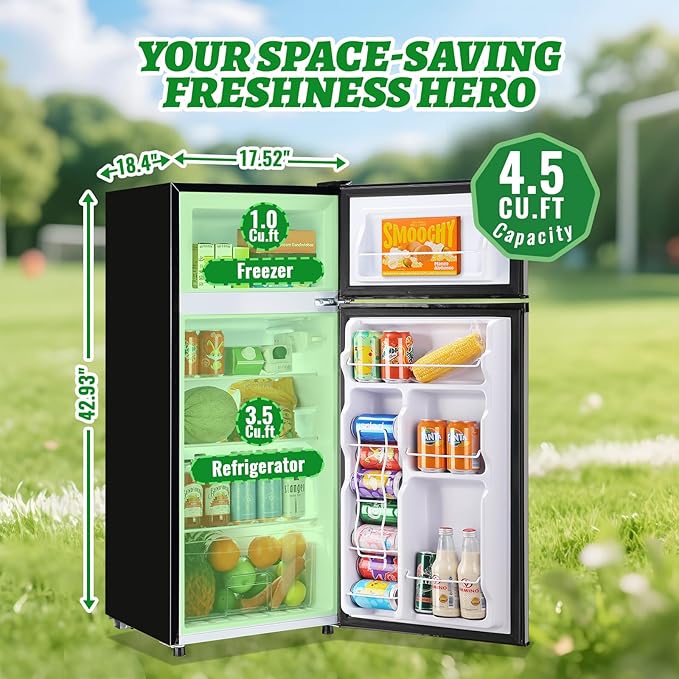 DEMULELR 4.5Cu.ft Refrigerator with Freezer Two Door Fridge with Removable Glass Shelves, Crisper Drawer & Extra Drink Space, LED Light, Apartment Size Fridge for Dorm Silver