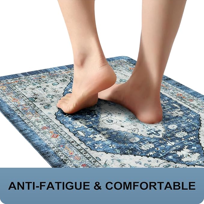 Collive Kitchen Mats for Floor, Boho Non Slip Kitchen Cushion Rug Kitchen Floor Mats Anti Fatigue for Office, Laundry, Sink, 17”x47”Dark Blue Non-Skid Waterproof Standing Desk Mat