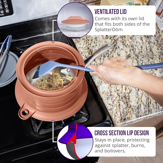 L.I.Q Silicone Splatter Guard – Fits 8 and 10 Inch Pots (20 and 25 Centimeters) – Microwave Safe and Durable SplatterDom - Includes 8” Lid - Food and Oil Splash Guard (Terra Cotta, Small)