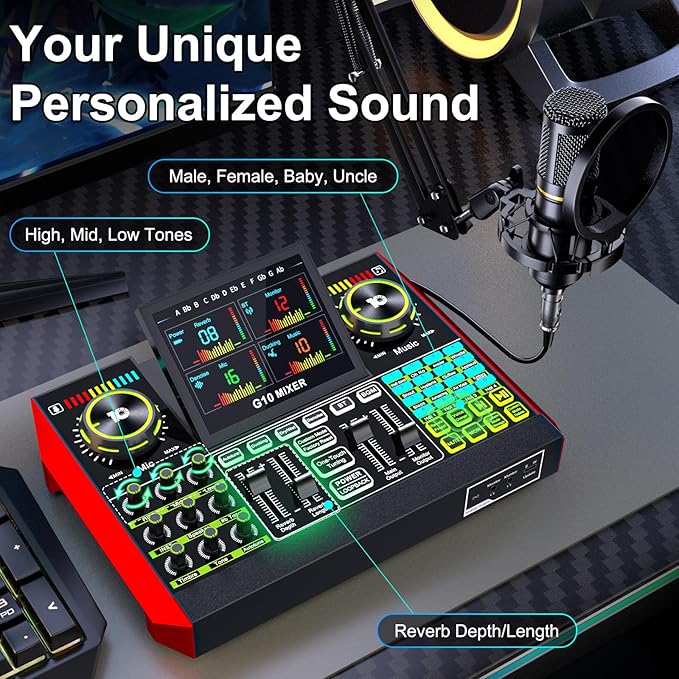 tenlamp Podcast Microphone Bundle with Live Sound Card Audio Mixer, Podcast Equipment Bundle with 3.5mm Boom Mic for Pc/Phone Live Streaming Singing Gaming, Sound Board with Voice Changer, Denoise