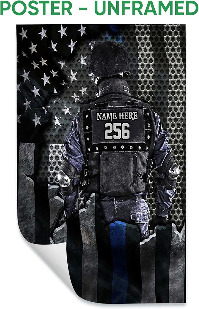 Personalized Police Poster & Framed Canvas, Policeman Thin Blue Line Us Flag Home Office Decor, Custom Name Number Bedroom Living Room Aesthetic Wall Art Gift For Husband, Dad, Men