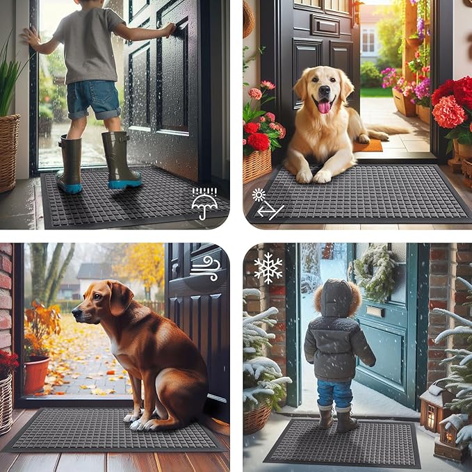 Smiry Front Door Mat Outside Entrance, Heavy Duty Natural Rubber Doormat, Non Slip, Trap Dirt and Moisture, Easy Clean, Low Profile Welcome Floor Mats for Indoor Outdoor Entry, 59x34 Inch, Mix Grey