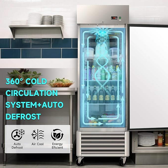 DeepTide 27" W Commercial Upright Refrigerator with Single-Door: 23 Cubic Feet Storage, Adjustable Shelving, Automatic Defrosting, Precision Digital Thermostat, LED Lights, Safety Locks