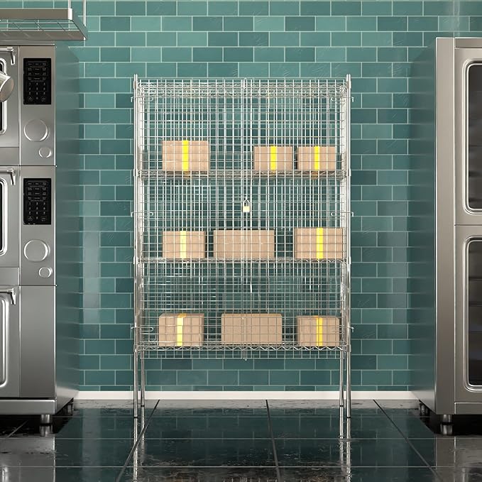 Commercial Grade NSF Listed Metal Wire Mesh Storage Chrome Security Cage Kit, 18" x 48" x 74", Perfect for Warehouse, Grocery Store, Restaurant, Dishroom