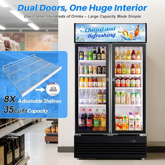 Commercial Display Beverage Fridge, 40″ Double Glass Door Refrigerator, 28.1 Cu.Ft Large Capacity with 8 Adjustable Shelves, Upright Cooler for Shop, Bar & Restaurant