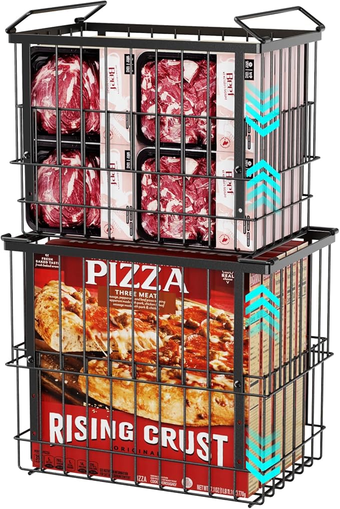 iSPECLE Freezer Organizer Bins - 2 Pack Large Adjustable Deep Freezer Organizer Bins for 5 to 7 Cu.Ft Chest Freezer, Stackable No Wasted Space, Easily Access Pizza (≤12“) without Digging, Black