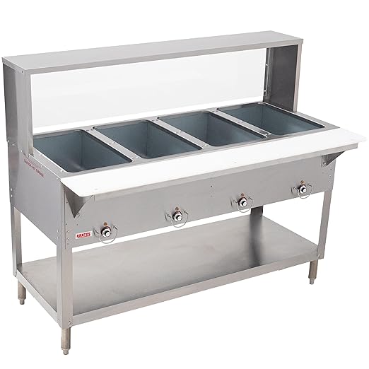 Kratos Commercial Electric Steam Table/Hot Food Table with Overshelf and Sneeze Guard, 4 Wells, Stainless Steel, Stationary, NSF, 120V (28W-193)