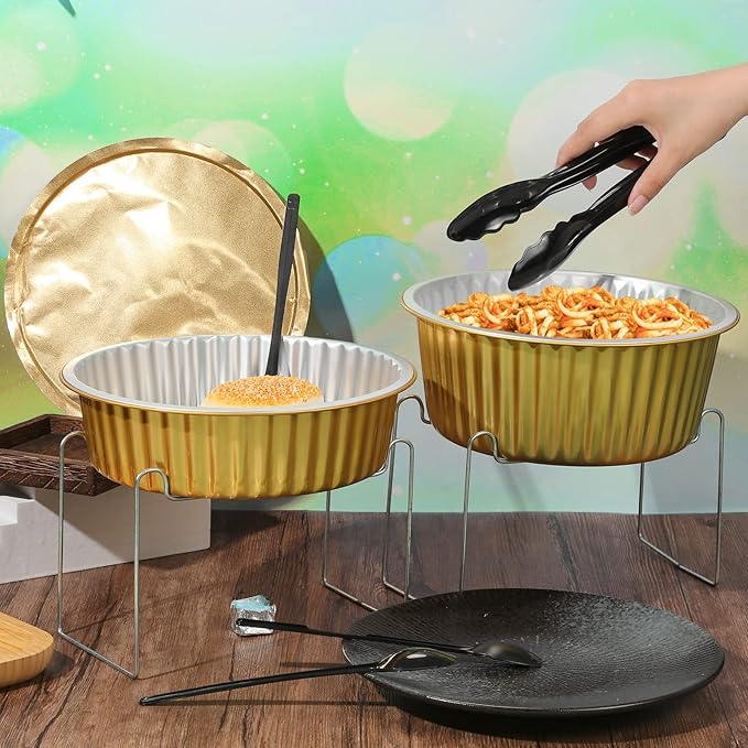 Meanplan 6 Set Disposable Chafing Dishes Buffet Set Gold Chafer Wire Racks Stand Kit Dish Food Warmer Catering Serving Trays Party Supplies Include Chafer Pans Serving with Utensils and Buffet Stand