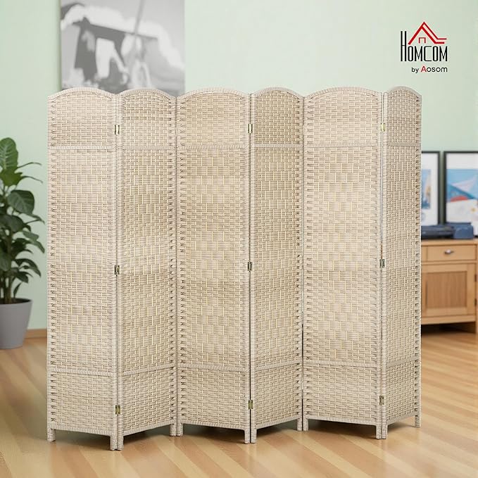 HOMCOM 6 Panel Room Divider, 6' Tall Folding Privacy Screen, Woven Freestanding Wall Partition for Home Office, Bedroom, Washed Oak