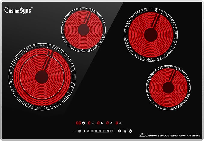 30 Inch Built-In Radiant Electric Cooktop, 4 Burner Smoothtop Stove Top with Expandable Dual Zone, 7200W 240V Hardwired Touch Control, 9 Power Levels, Timer, Child Lock & Hot Surface Indicator