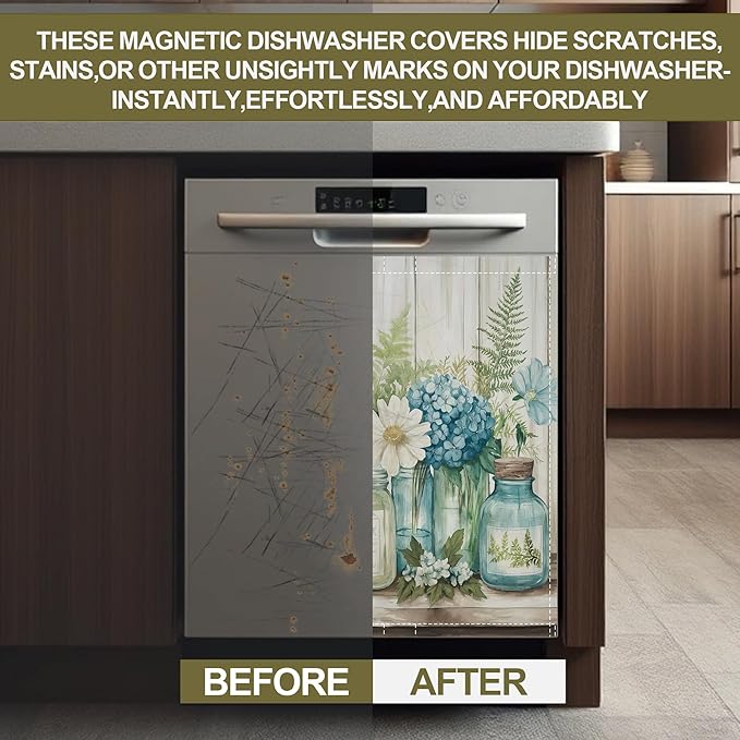 Magnetic Dishwasher Cover,Vintage Flowers Reusable Dishwasher Magnetic Cover Leaves Wooden Decorative Door Covers Panel for Home Kitcen 23" x 26"