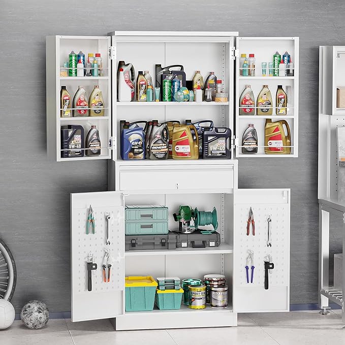 VINGLI Metal Storage Cabinet with 4 Doors & 1 Drawer, 71'' Steel Locking Cabinet with 6 Door Hanging Shelves and Adjustable Shelves for Garage, Warehouse, Home Kitchen, Dining Living Room (White)